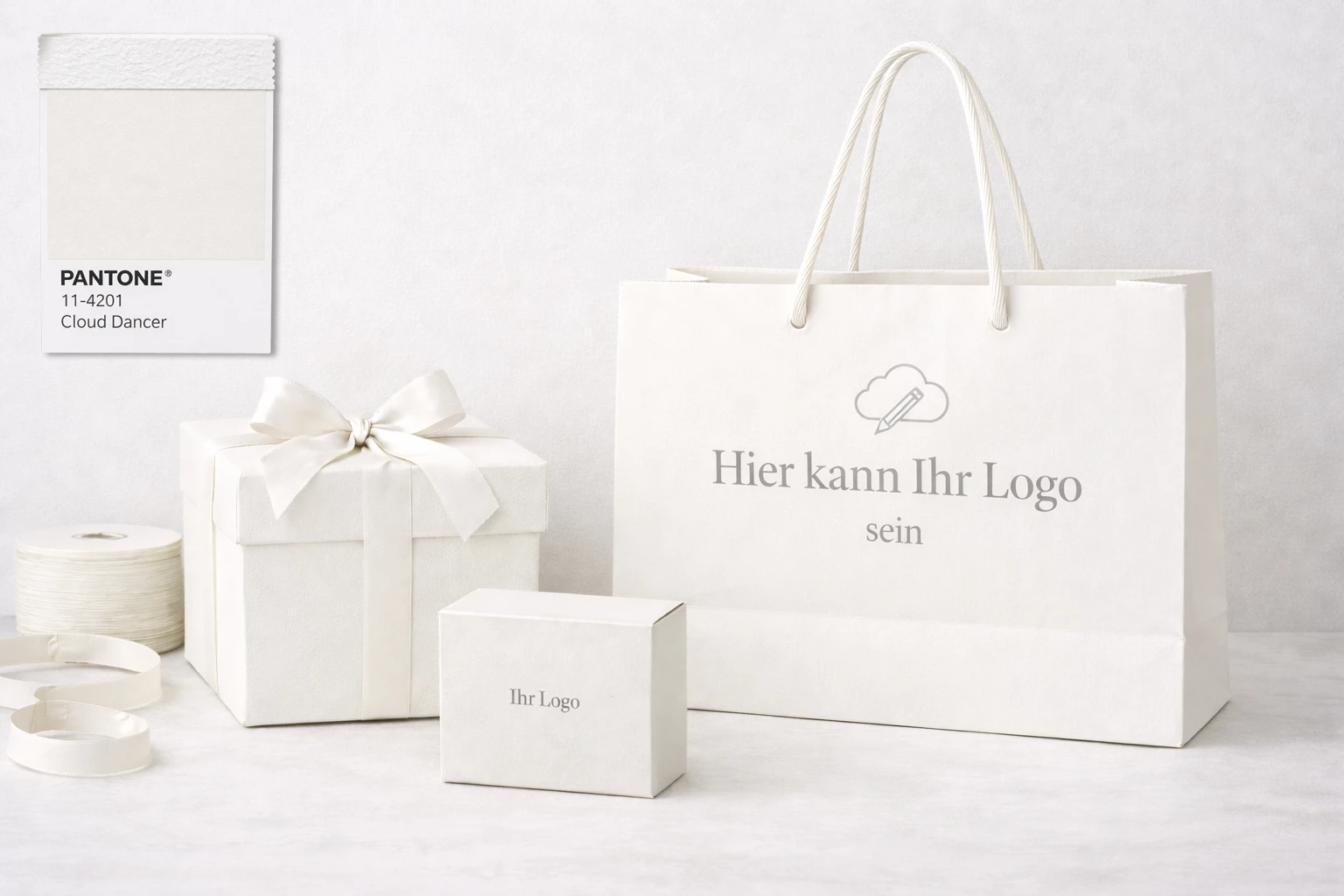 Papiertaschen Pantone Cloud Dancer papiertacshen bedruckt, papiertragetaschen mit Logo, papiertaschen in pantone cloud dnacer, colour of the year 2026